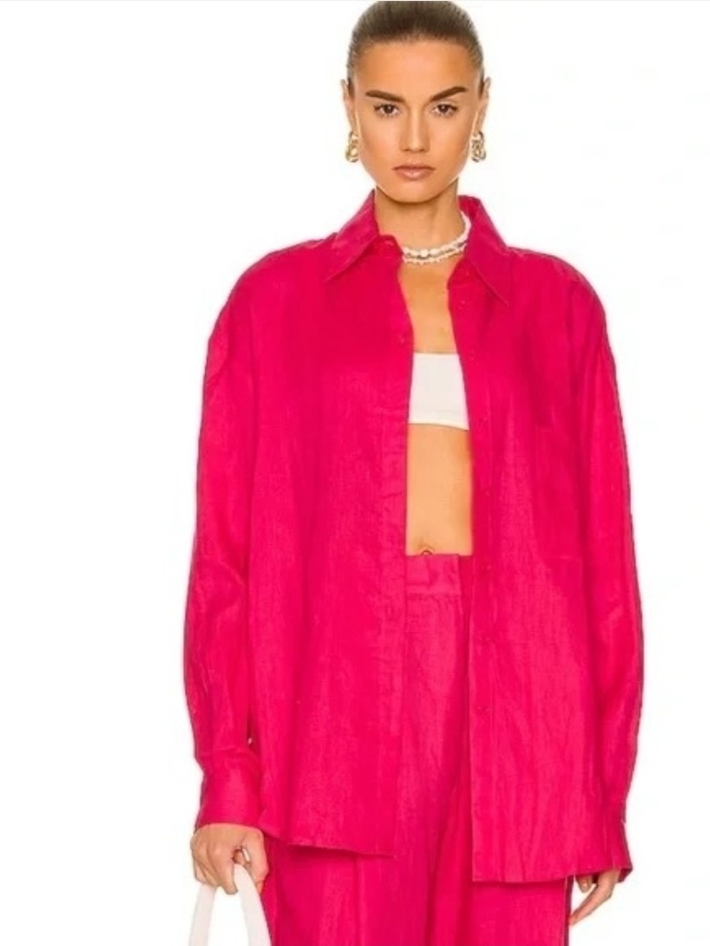 AEXAE Women's Oversized Button-Down Linen Shirt in Fuchsia Pink, Size Medium